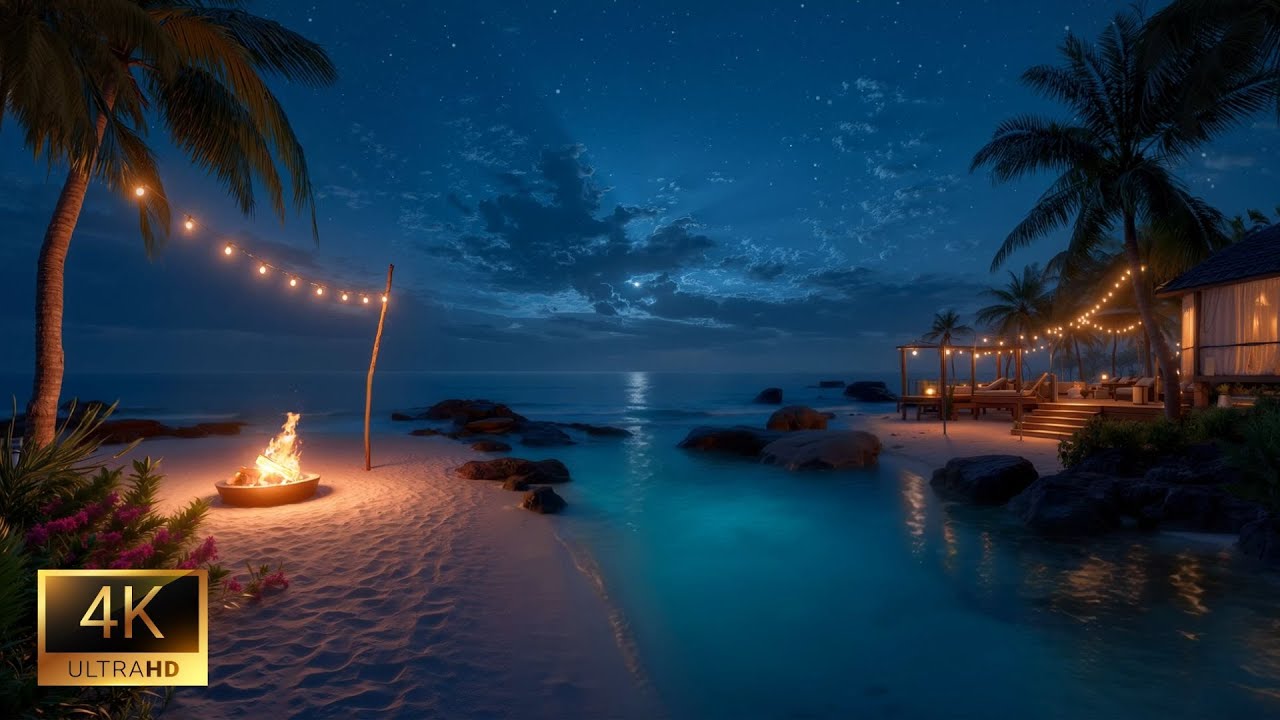 Tropical Beach Night ASMR (No Ads) • Ocean Waves, Fireplace & Calming Sleep Sounds 4K