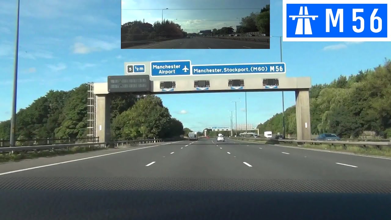 M56 Motorway - Junctions 7 to 3 - Front View with Rearview Mirror