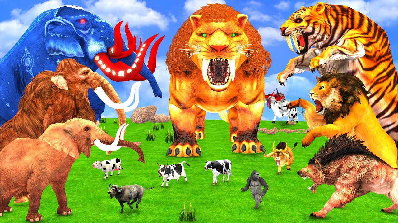 3 Giant Elephant Cow vs 5 Hybrid Monster Tiger Lion vs 5 Big Bulls Gorilla Saved by&nbsp;Woolly&nbsp;Mammoth