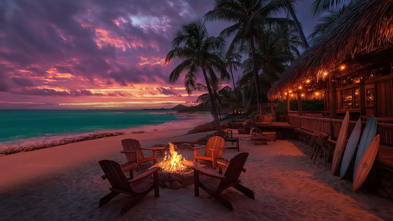Island Nights | Sunset on the Coast | Fire & Ocean Sounds