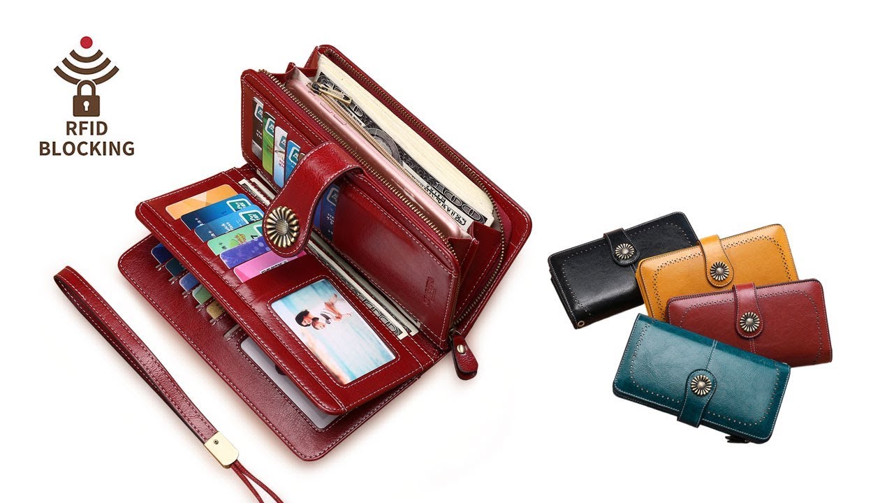 RFID Cute Large Zip Clutch Leather Wallets for Women