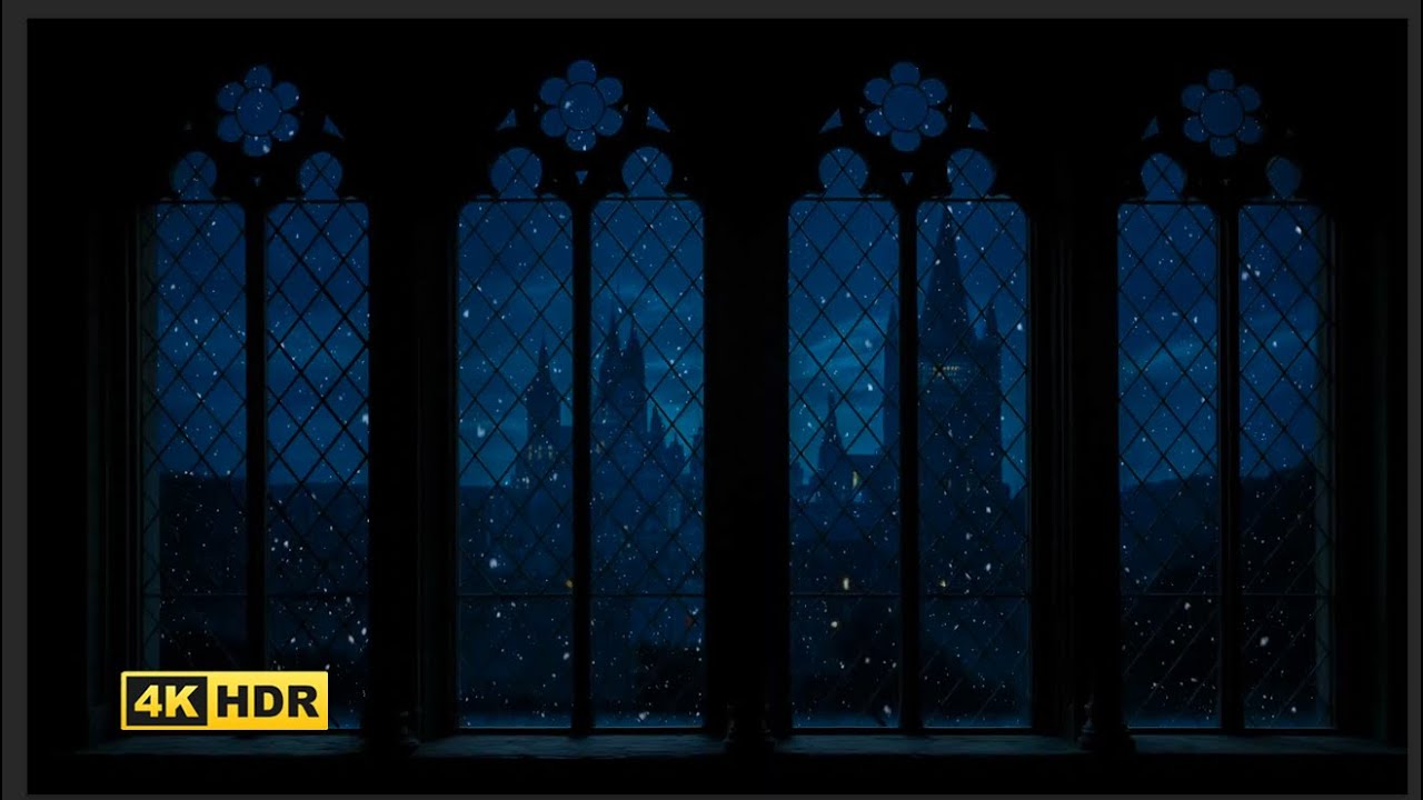 4K Harry Potter Winter Window View - Hogwarts Snow Ambience & Wind Sounds for Sleep, NO ADS