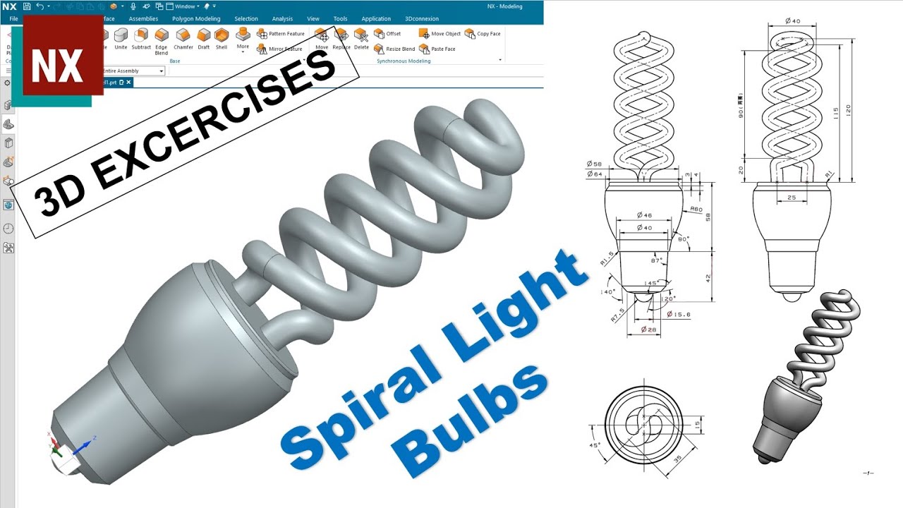 Siemens NX Tutorials #44 | 3D Excercises - Design Spiral Light Bulbs | Helix - Bridge Cuver - Tube