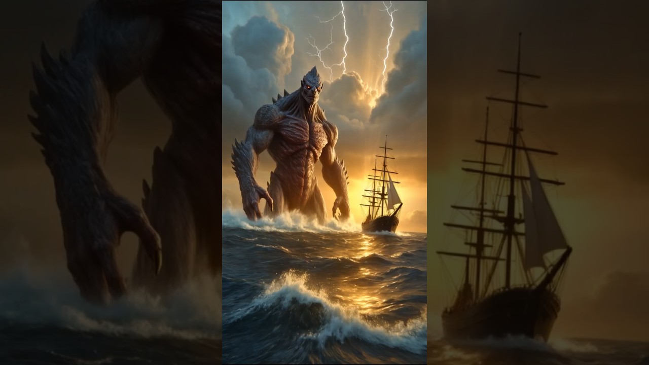 A giant humanoid alien monster attacking a ship 