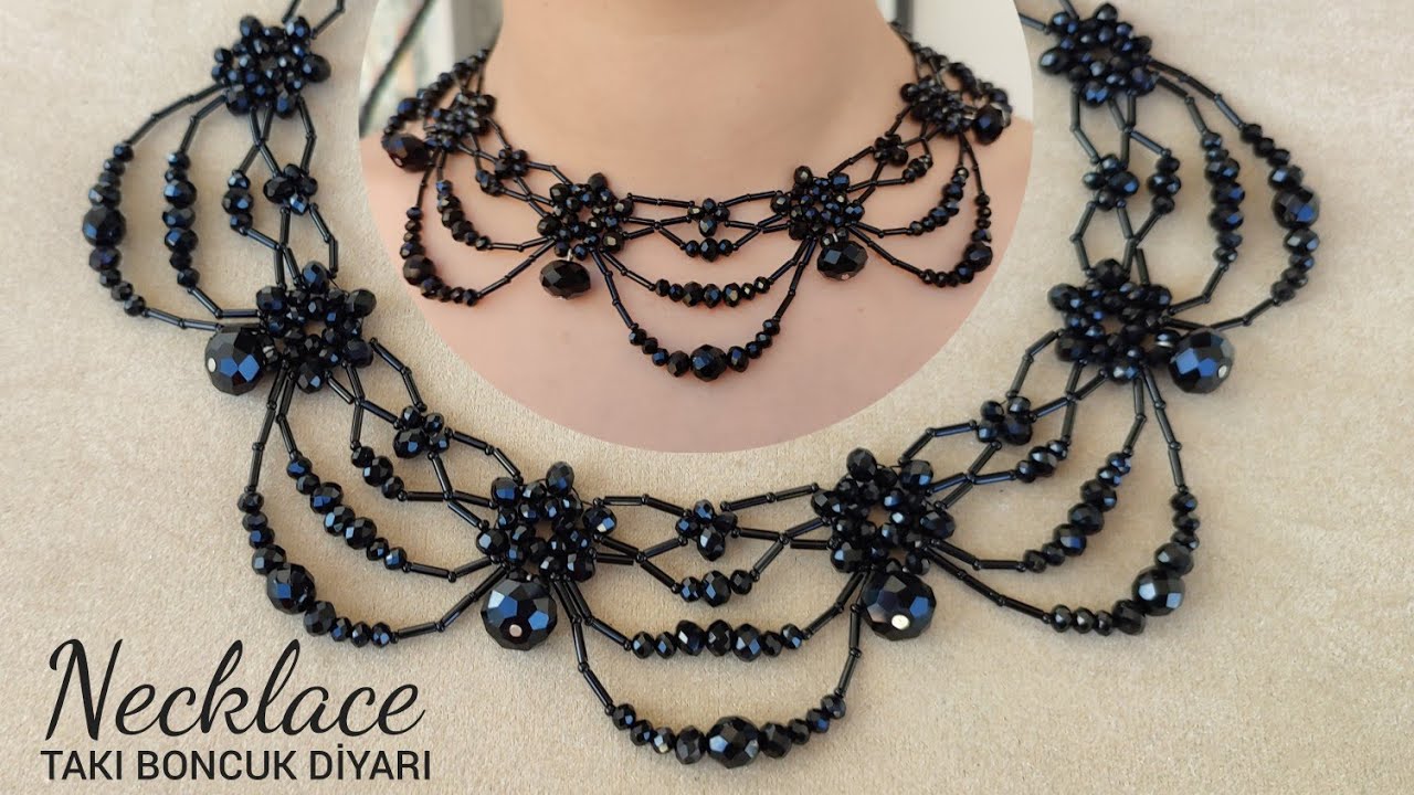 Siyah abiye kolyesi yapımı. Black stylish evening necklace. How to make beaded necklace. DIY