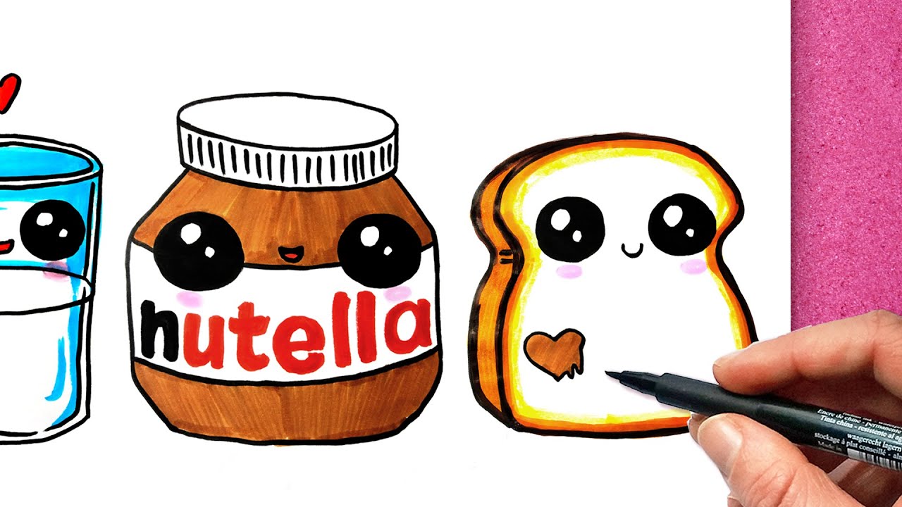 How To Draw CUTE Things Easy FOOD- How To Draw Really Cute NUTELLA, MILK & BREAD