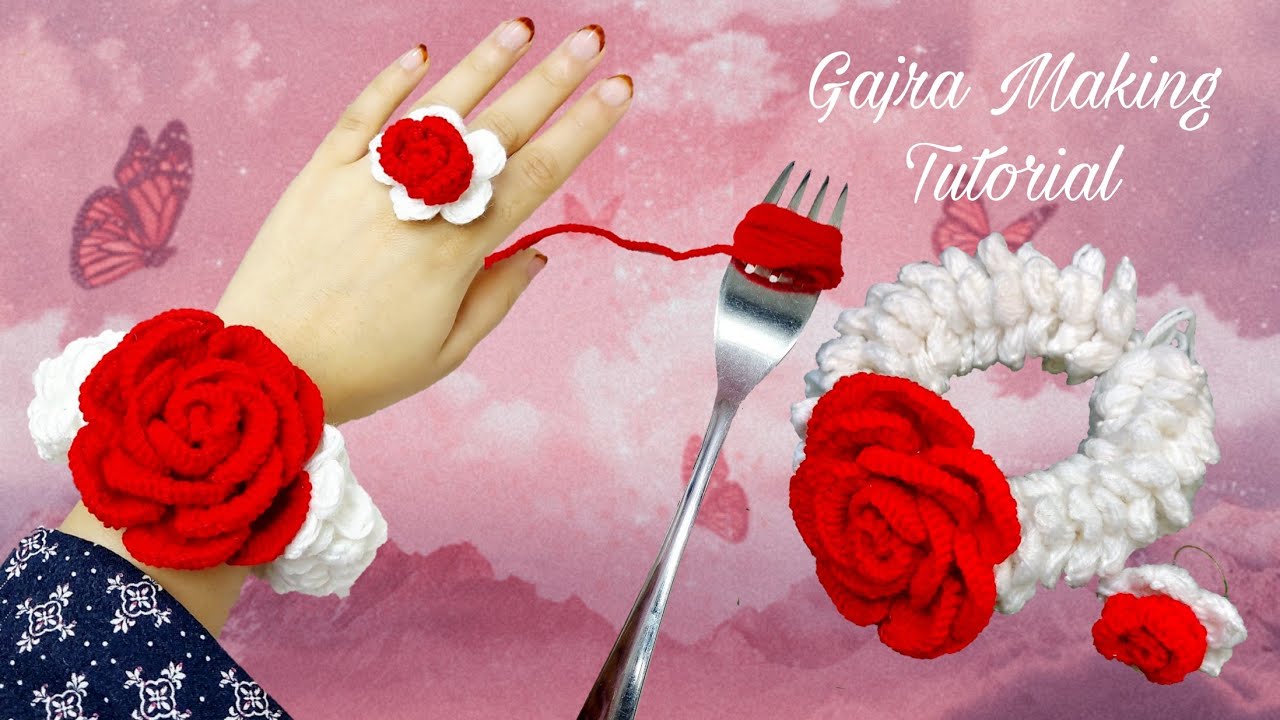 How To Make Crochet Gajra With Fork 🌸 | Easy Wool Flower Gajra Tutorial | Gajra Making Tutorial 🥰
