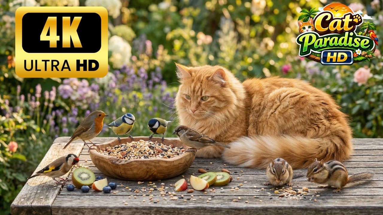 Cat TV для кошек 😺 Красивые лесные птицы и игривые белки | Расслабляющее видео природы 4K