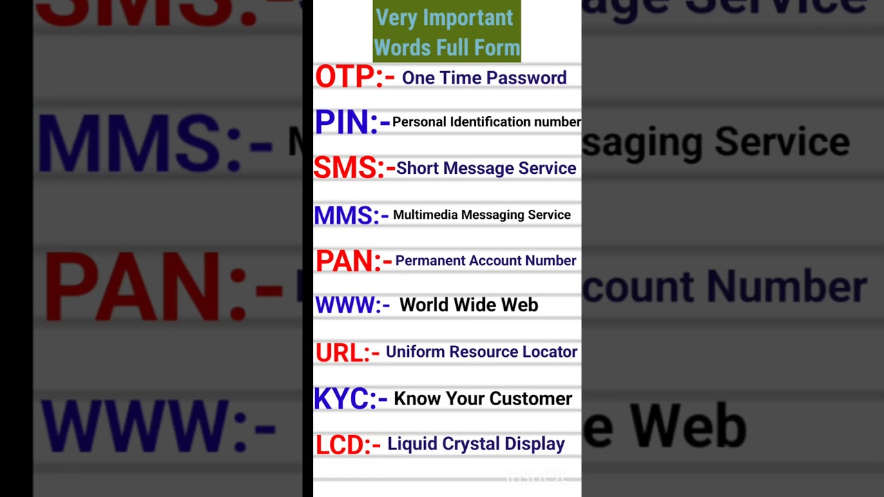 Important Full Form Of OTP, PIN, SMS, MMS, PAN, WWW, URL, KYC, LCD 