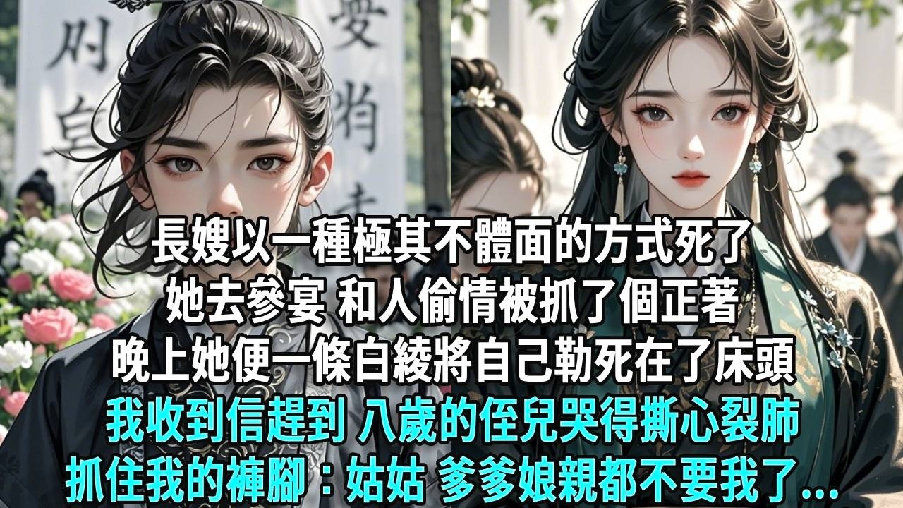 長嫂以一種極其不體面的方式死了，她去參宴，和人偷情被抓了個正著，晚上便一條白綾將自己勒死在了床頭。我收到信趕到，八歲的侄兒哭得撕心裂肺，抓住我的褲腳：「姑姑，我沒人要了...」
