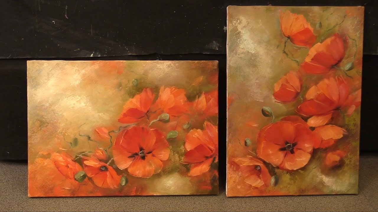 Маки на оливковом фоне. Poppies on olive background. Workshop. Уроки живописи маслом в Москве