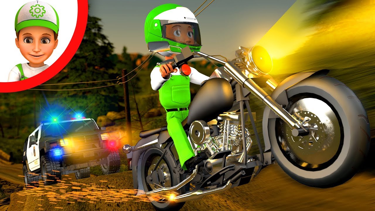 La policía está atrapando una motocicleta. Dibujos  de carros educativos. Animados infantiles.