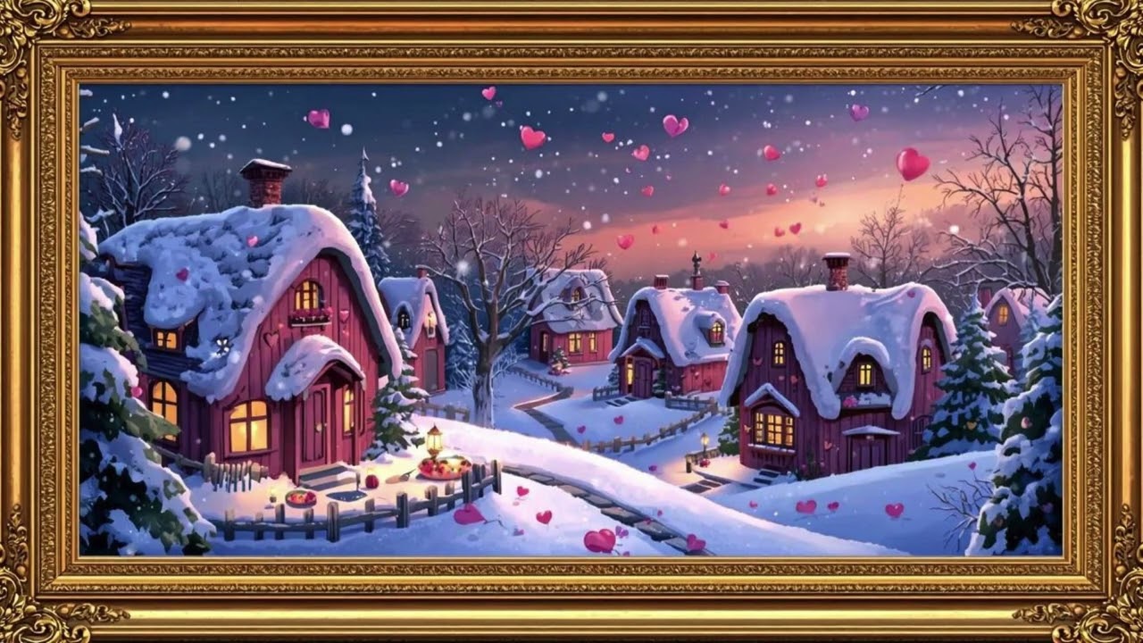 Whimsical Winter Valentine's Day Village ❄️ Framed TV Art Screensaver | Cozy 4K Heart Ambience