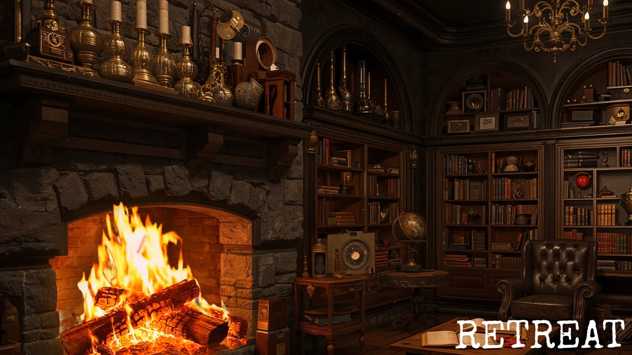 Library Ambience | Luxury Victorian Library, Crackling Fireplace & Distant Wind | 4K 10H