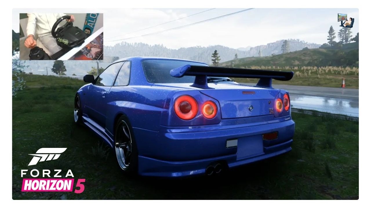 Nissan Skyline GT‑R R34 V‑Spec II con volante Logitech G920/G29.