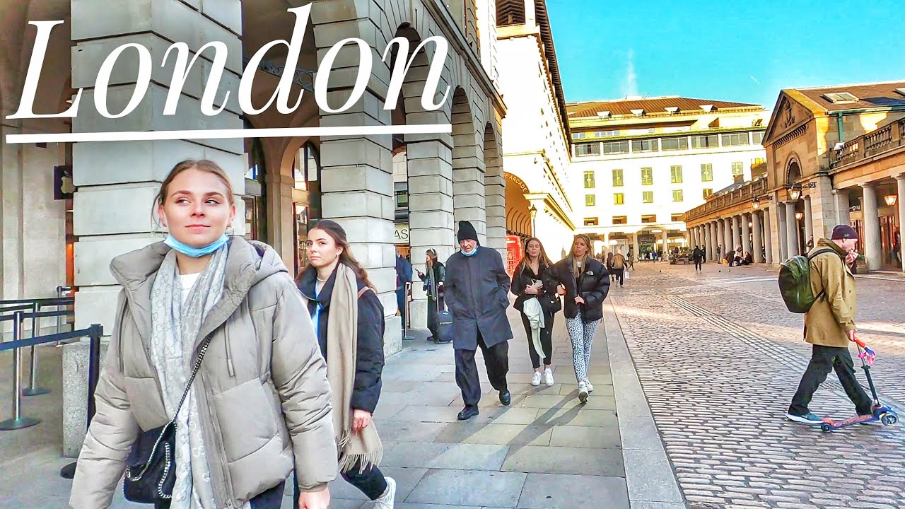London Walk, London West End side strees. Trafalgar Square to Covent Garden, Friday afternoon. 4K