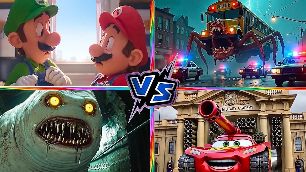 McQueen TANK VS Head Eater  VS Super MARIO VS School Bus Monster Tiles Hop EDM Rush 22