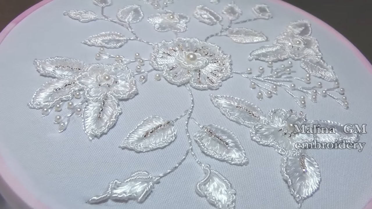 Hand Embroidery: White silk flowers Dimensional stitches / Бразильская белая Вышивка