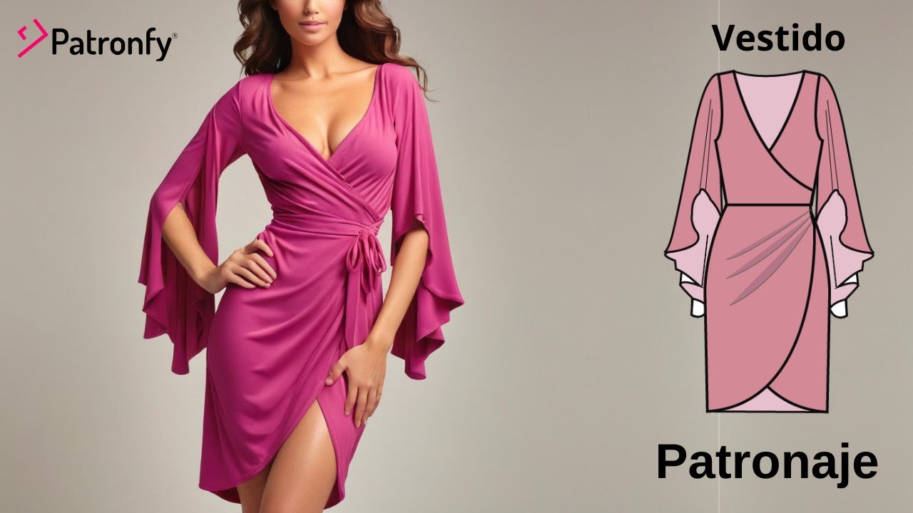 330.-Patrón de Costura | Como hacer un vestido cruzado con pliegues en el costado y mangas amplias.