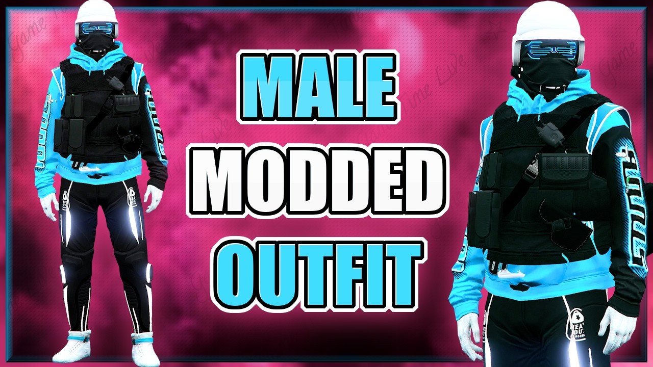 GTA 5 ONLINE I CYAN MALE TRYHARD MODDED OUTFIT! (Black Armor, Pouches, Race Belt & MORE!)