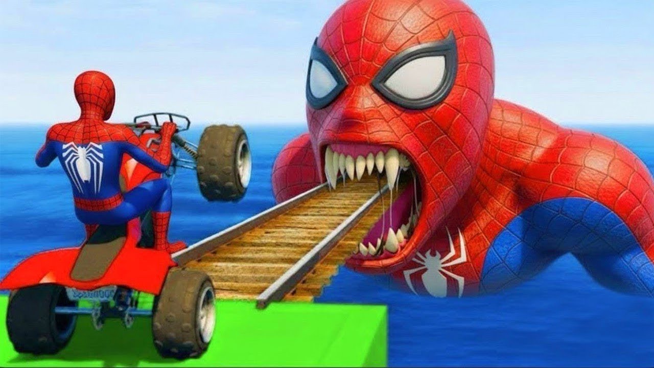سبايدر مان اصعب دراجة نارية فوق اسماك القرش - Superheroes Ride on Motorcycle Stunt Funny Moments??