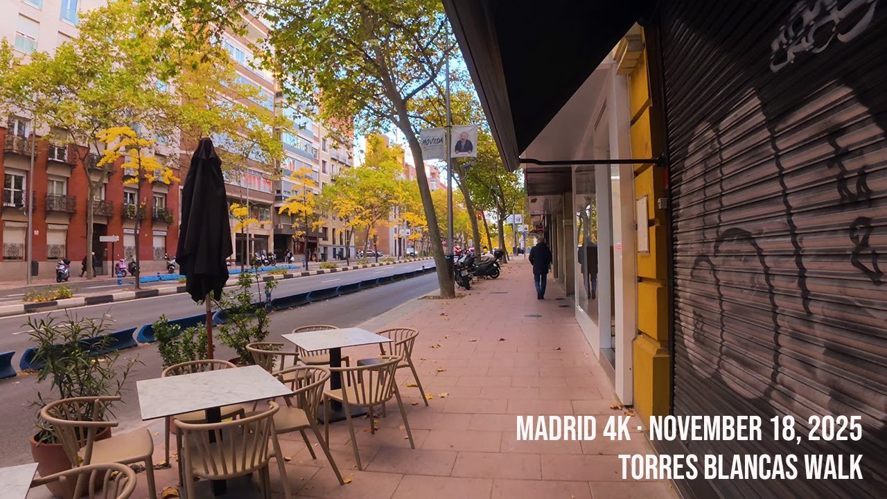 Madrid 4K Walk · Windy 12°C Afternoon · November 18, 2025 · Torres Blancas