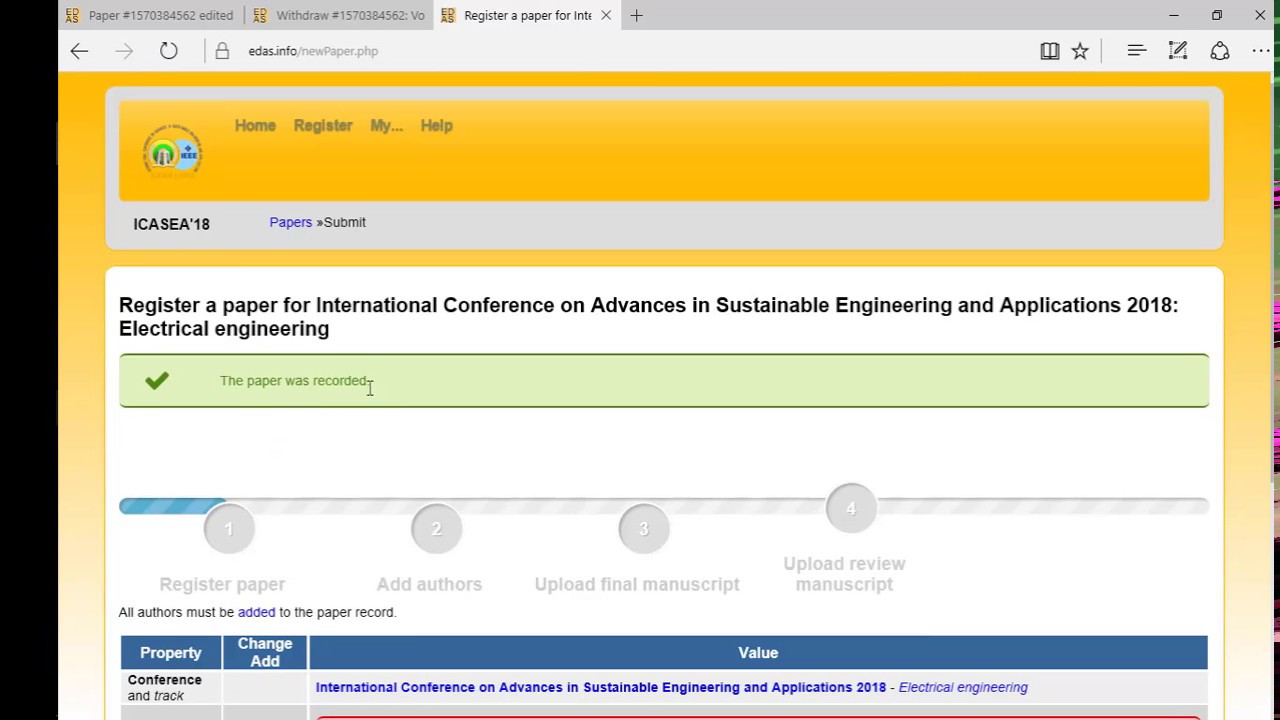 How to upload paper to ICASEA 2018 conference using edas.info