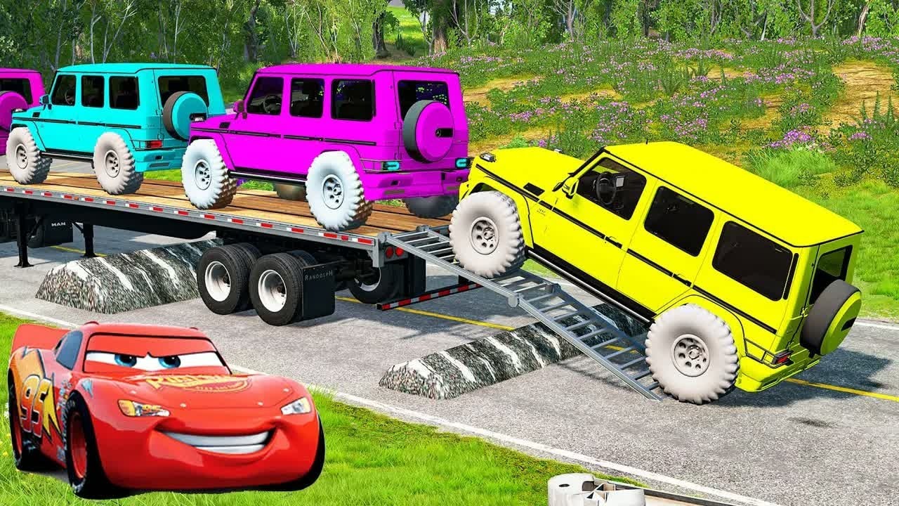 Flatbed Truck McQueen | Transportation with Truck - Pothole vs Car #3 | BeamNG.Drive Gameplay