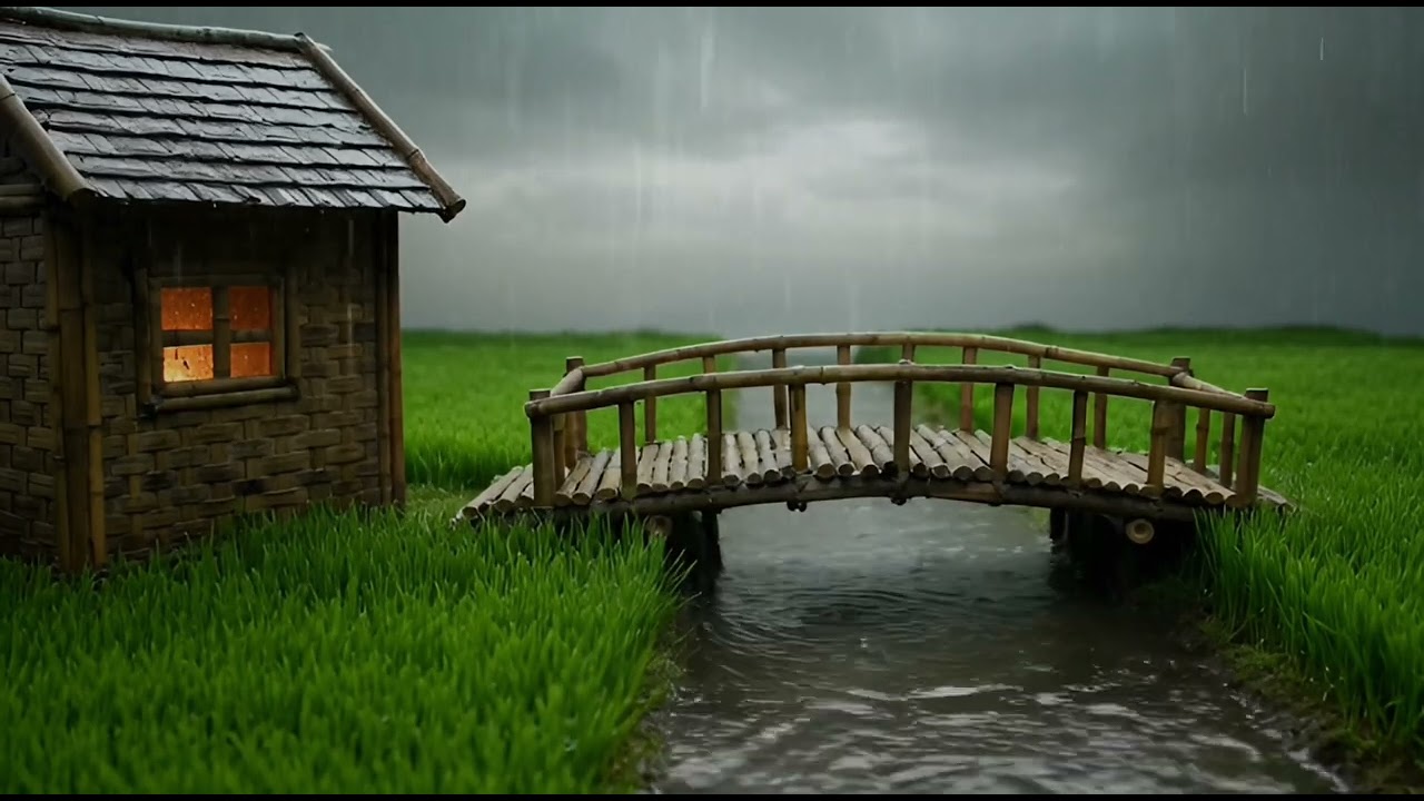 Fall Asleep to the Sound of Gentle Rain in a Small Bamboo Hut Amidst Green Rice Fields