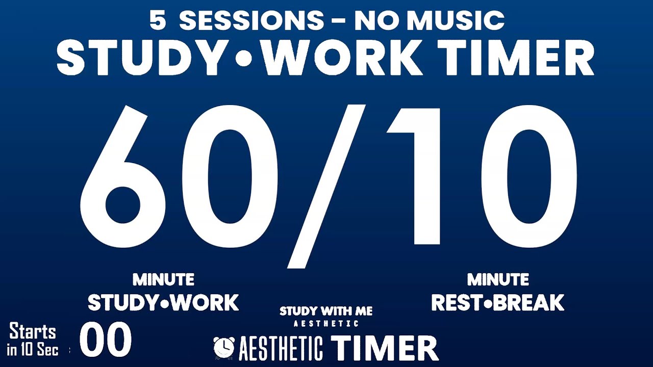60/10 Pomodoro Study Timer, Dark Blue Mode | No Music 5 Study Sessions, Focus Study, Gentle Alarm