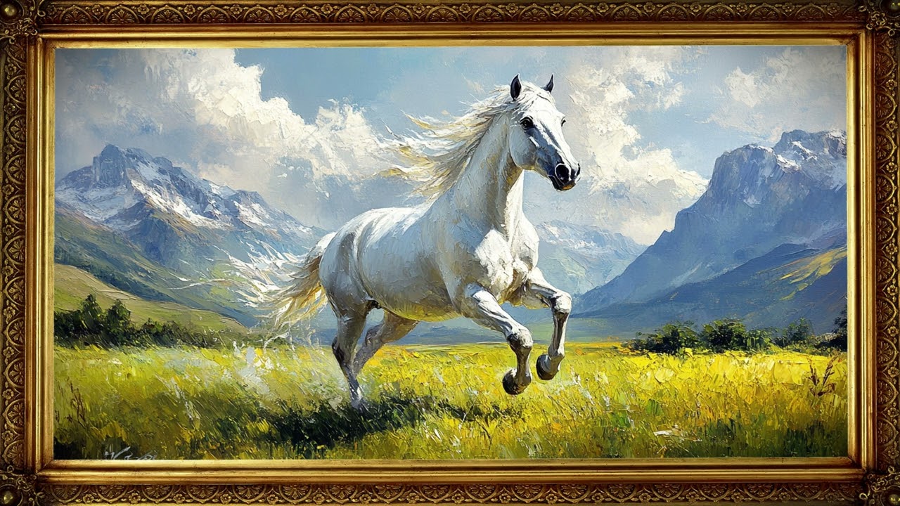 Elegant | Vintage TV Oil Art Horse Painting | Gold Frame TV Art | Art Screensaver for TV 2 hrs
