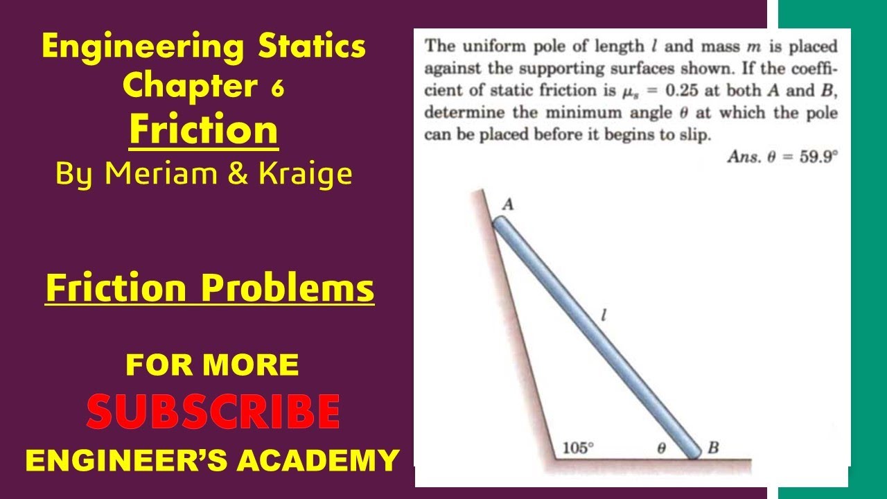 Determine minimum angle at which the pole can be placed. | Chapter 6: Friction | Engineers Academy