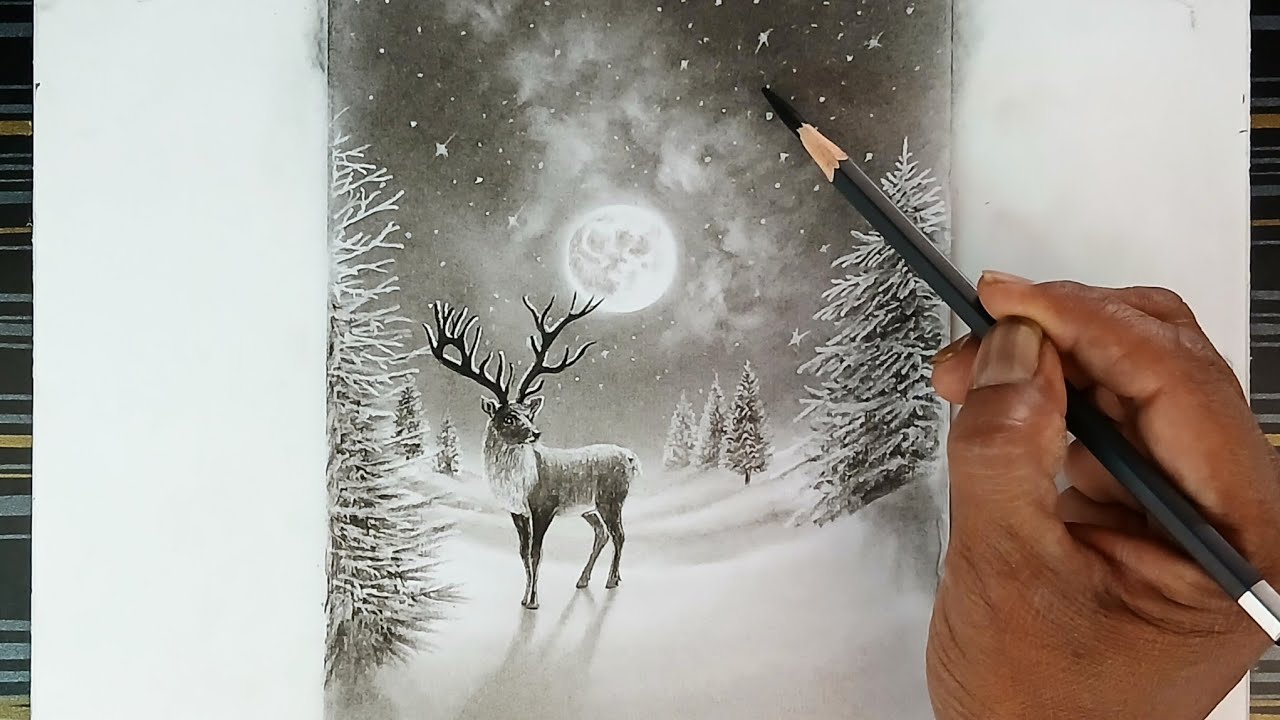 Landscape pencil drawing of reindeer landscape with nighttime Christmas season.