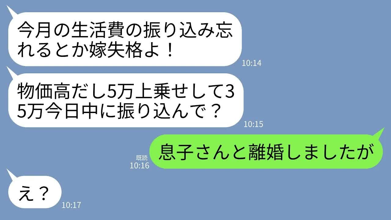 【LINE】夫と離婚した翌月にブチギレて連絡してくる元義母「生活費の振り込み早く！今月から5万あげて35万にしなきゃ離婚させる！」→真実を伝えたら元義母が顔面蒼白にwww