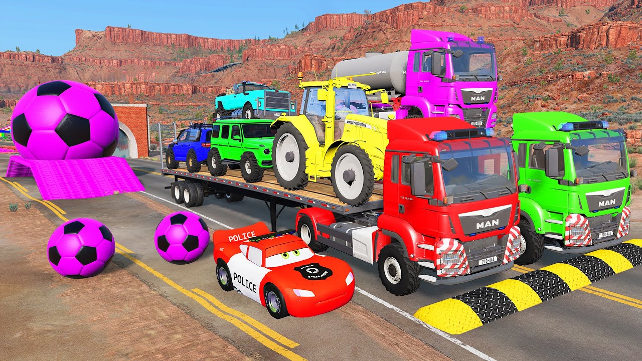 Double Flatbed Trailer Truck vs Speedbumps Train vs Cars | Tractor vs Train Beamng.Drive #01