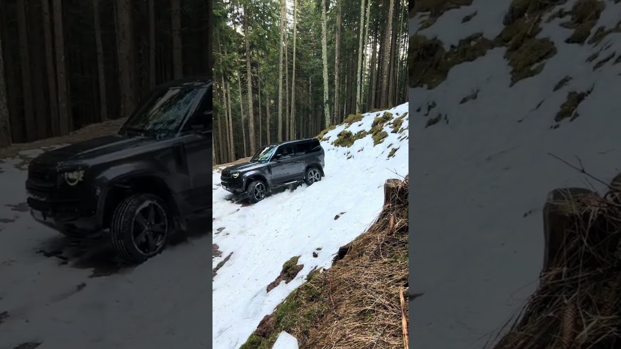New Defender 90 X Dynamic 2024 Carpathian Grey Edition offroad in the snowy Trentino, Val di Rabbi