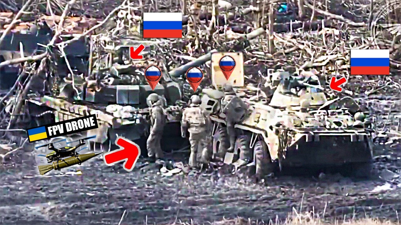 Ukrainian FPV Drone Spotted Russian Soldiers Stuck on Armored Vehicles! Then This Happened...