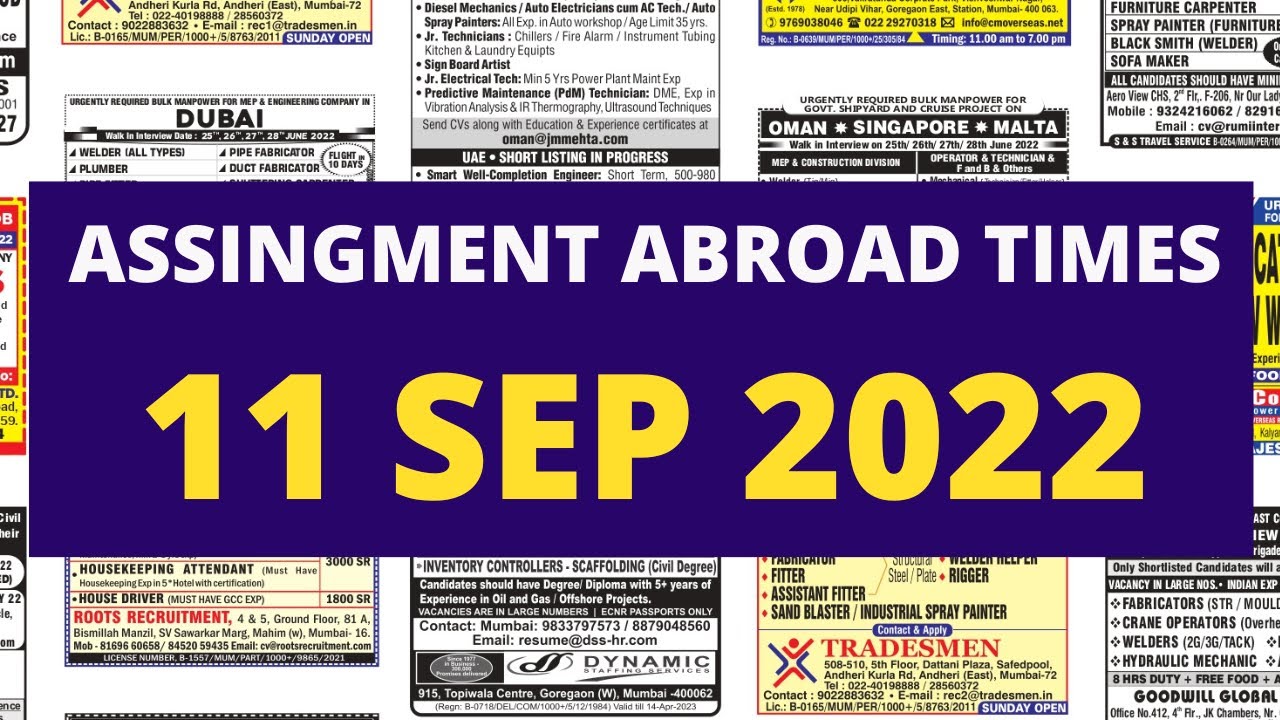 Assignment Abroad Times Today, 11 Sep 2022, Gulf Jobs in Mumbai, Assignments Abroad Times Newspaper
