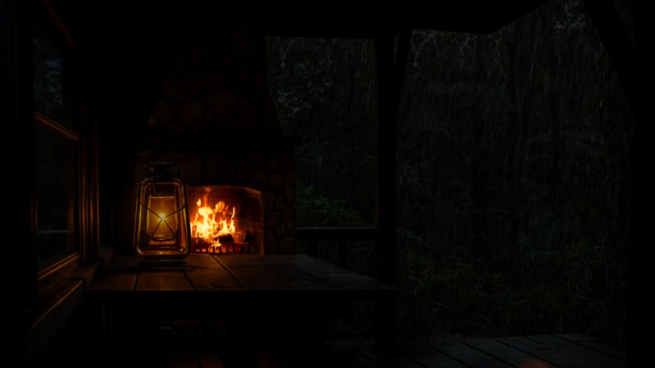 Firelight and Gentle Lamp Glow 🔥🌙 Night Rain Outside | Stress Relief Ambience