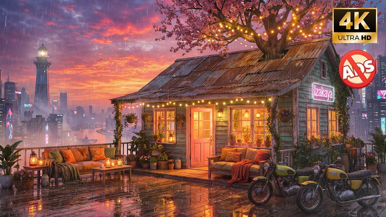 Lofi Cabin – Sunset at the Rooftop Izakaya | Cherry Blossom Lofi Beats for Study & Sleep | 4K