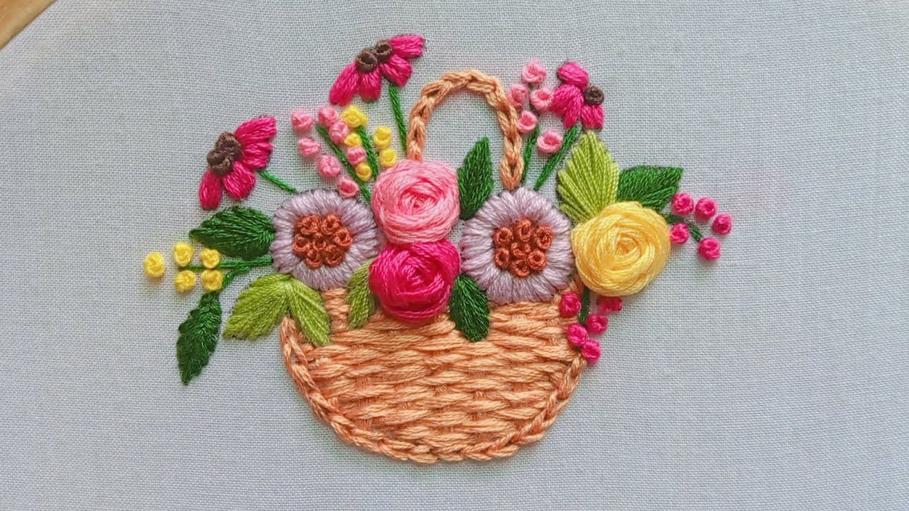 DlY Amazing Hand Embroidery Flower Basket 🧺 Free Embroidery Pattern Tutorial For Beginners ❤️ #viral