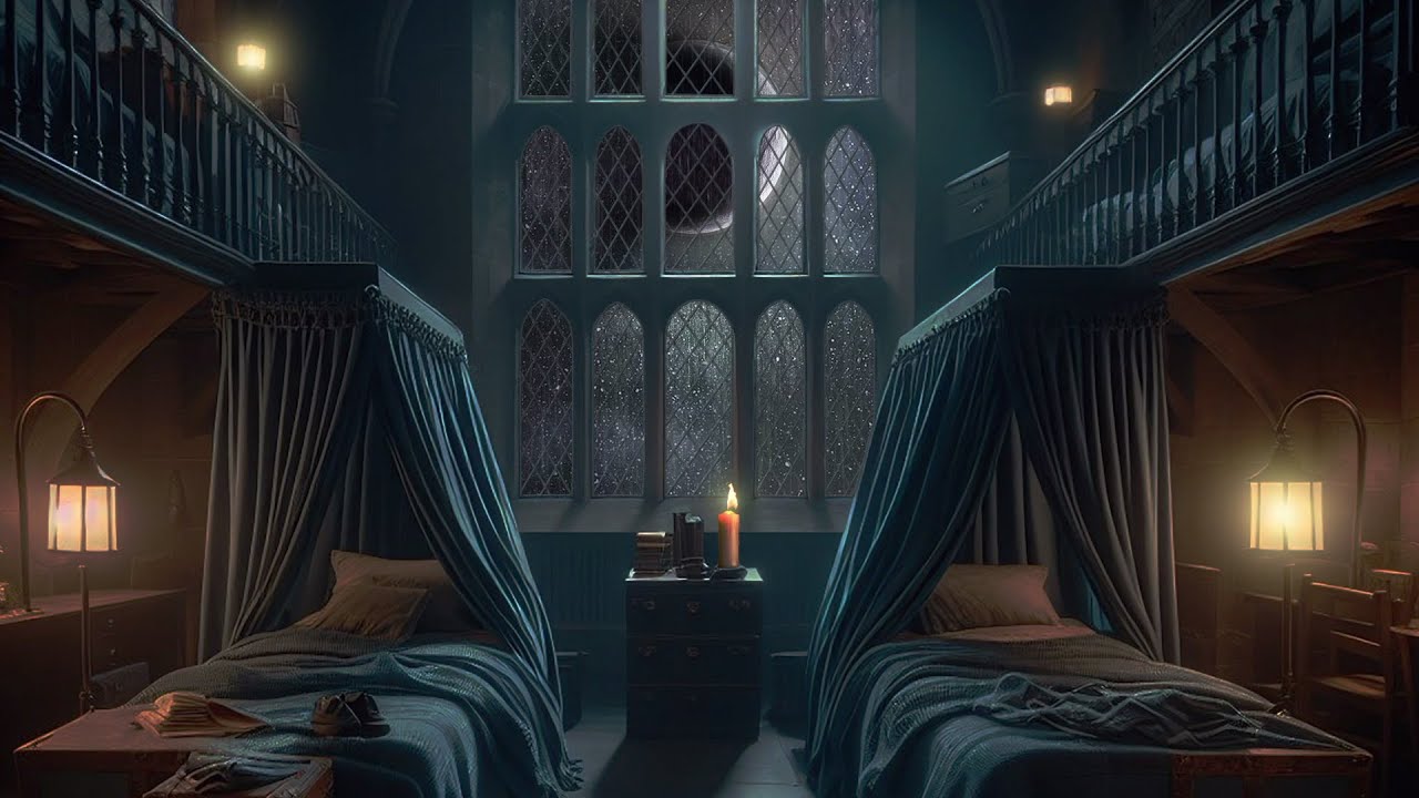 Magic School Blue Dormitory Rain Sound On Window with Thunder Sounds for Sleep