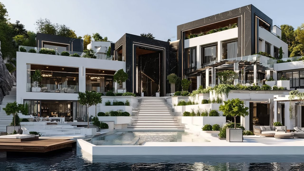 Terraced Contrast: A Waterfront Mansion Where White Serenity Meets Dark Architectural Power