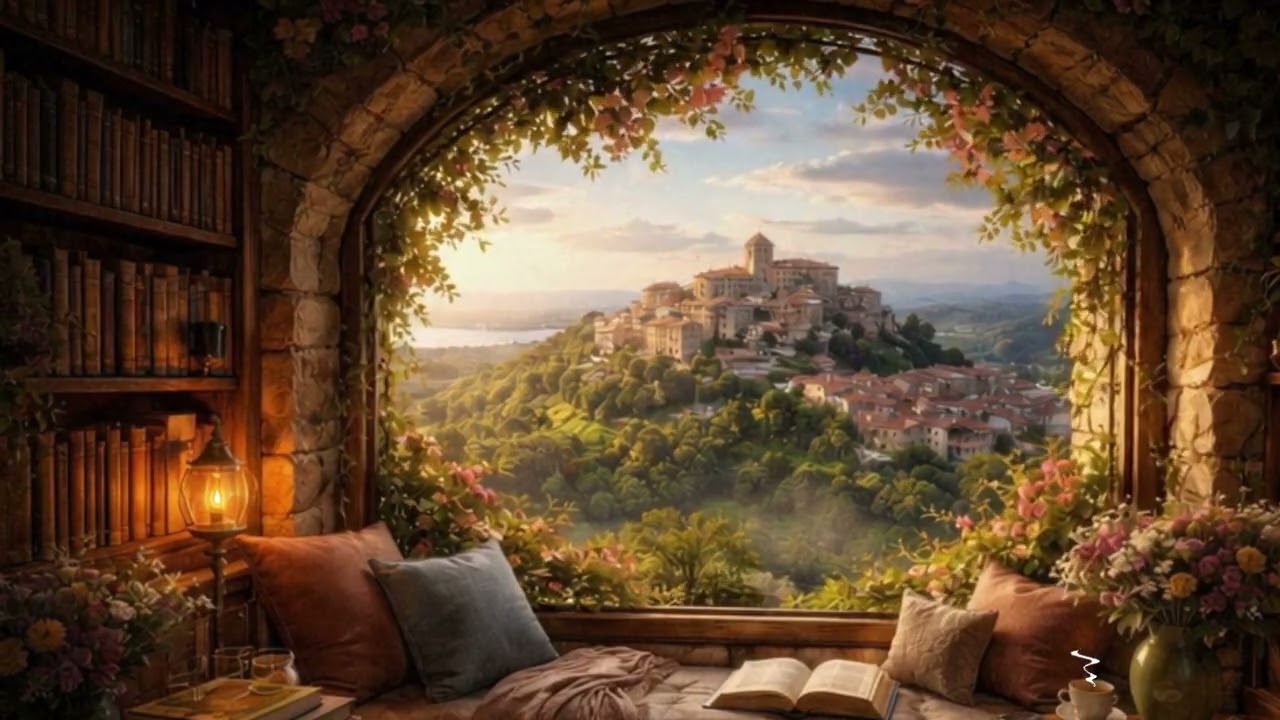 Cozy Library Ambience | Sunset Over Capalbio, Italy 🌅📖 Old Books & Peaceful Tuscan Hills
