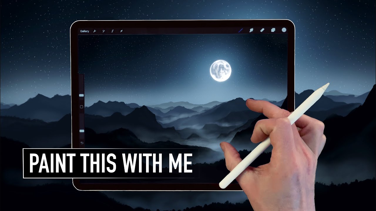 IPAD PAINTING TUTORIAL - Moonlight Mountain landscape art in Procreate