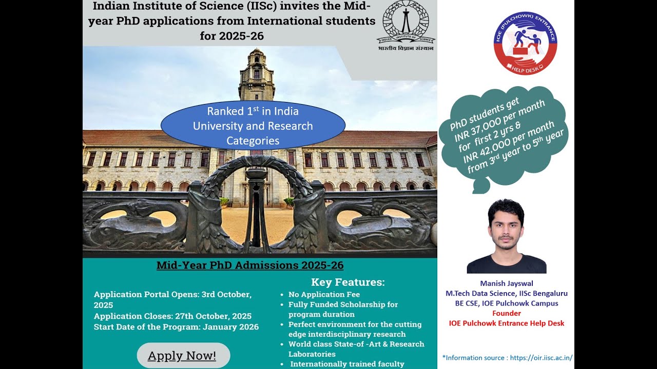 IISc PhD Mid-year Admission 2025-26 for International(Nepali) Students