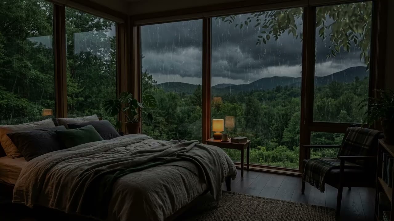 Gentle Forest Rain 🌧️ Drifting Past A Cozy Bedroom Window While Tall Pines 🌲 Fade Into Mist