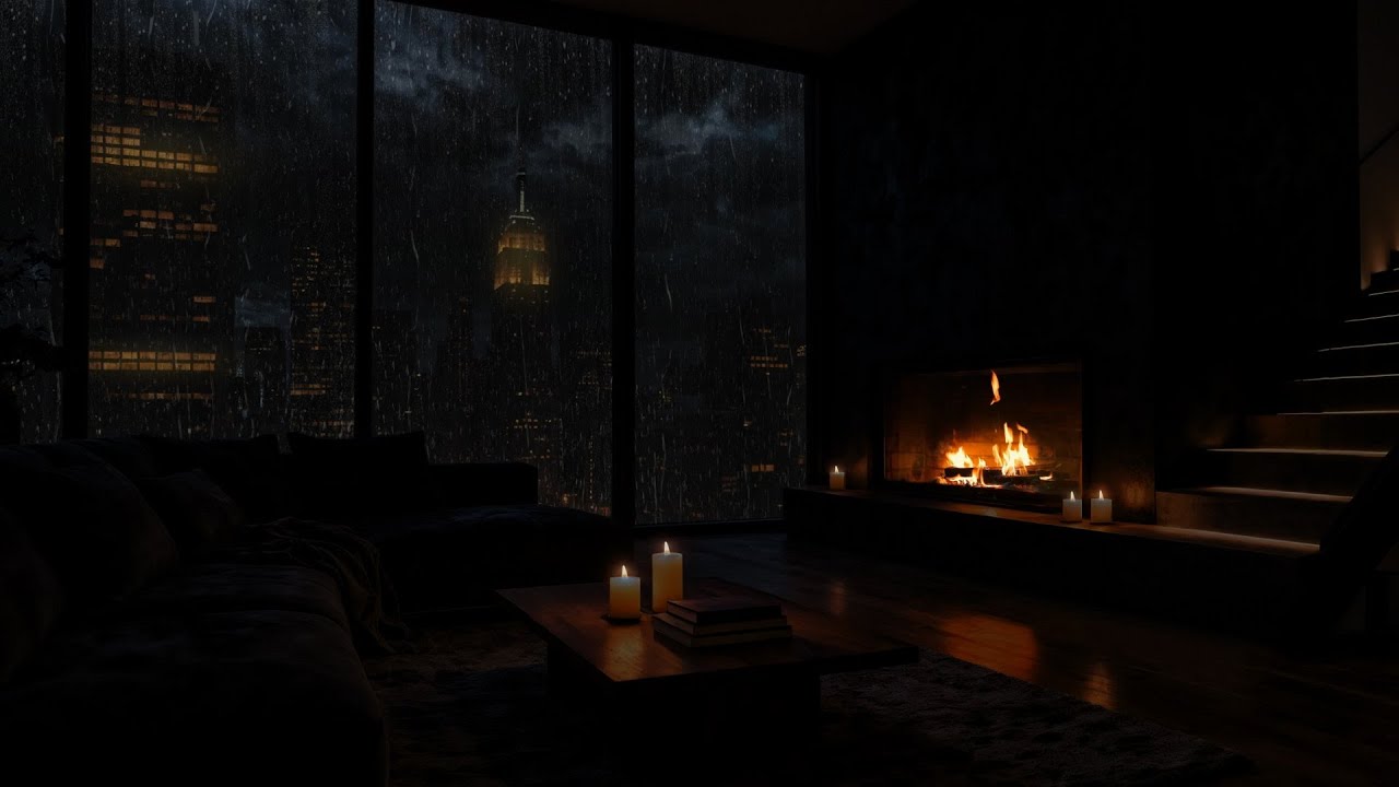 🌧️ Rainy City Night by the Fireplace | The sound of rain helps you reduce stress, focus 🔥
