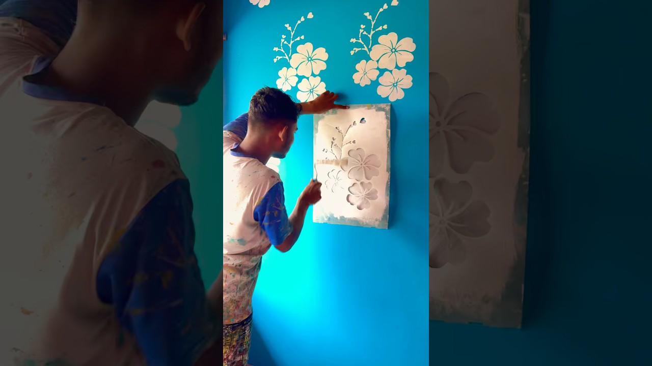 Wall staincil design painting bedroom 🏡#wallpaiting #art