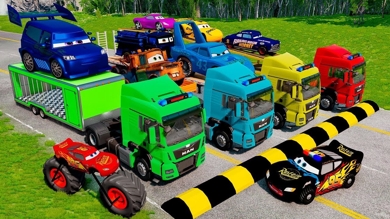 TRANSPORTING PIXAR CARS & FRUITS WITH COLORED & JOHN DEERE vs CLAAS vs TRACTORS - BeamNG.drive #962